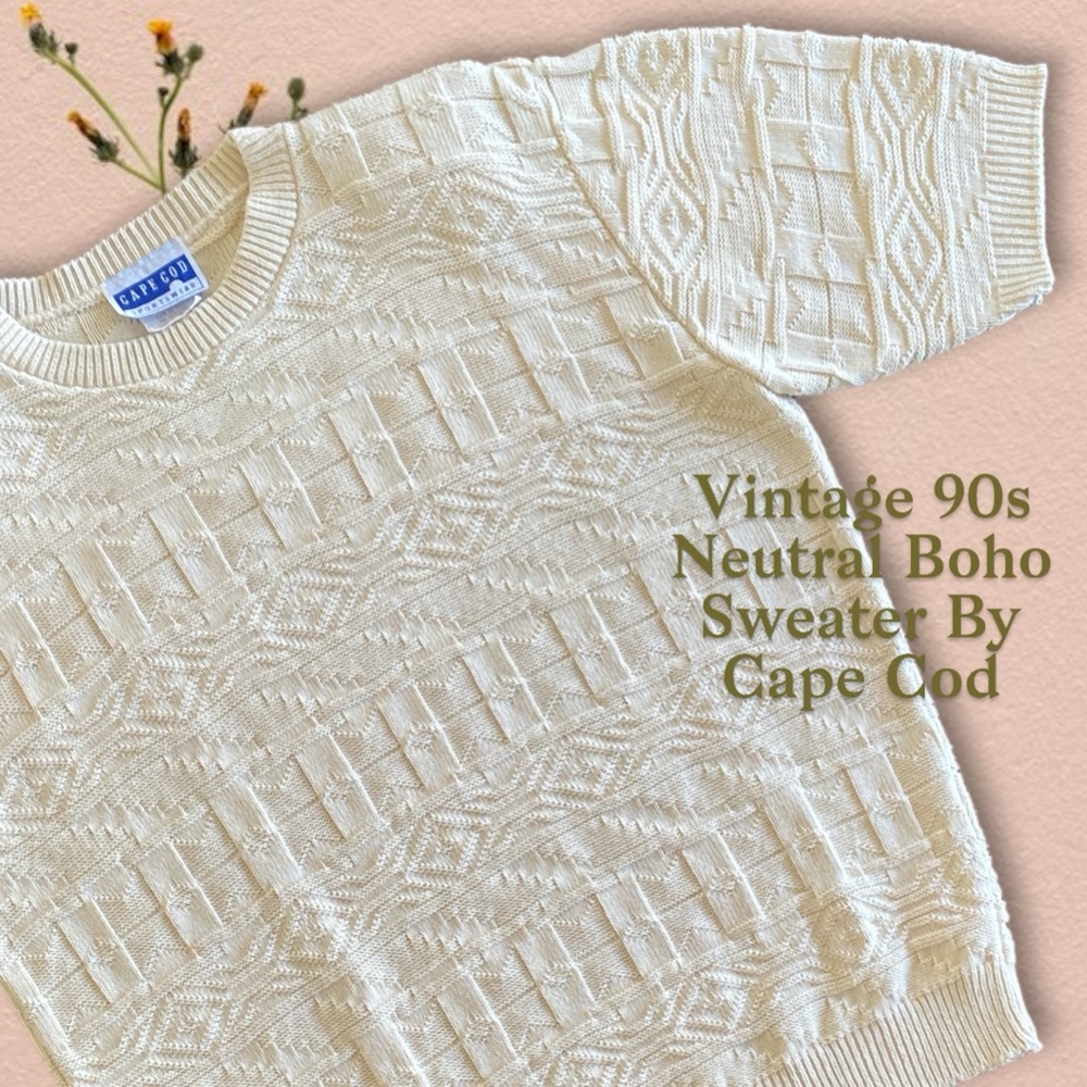 Vintage‎ 90s Boho Short Sleeve Woven Sweater By Cape Cod Neutral Cream Color